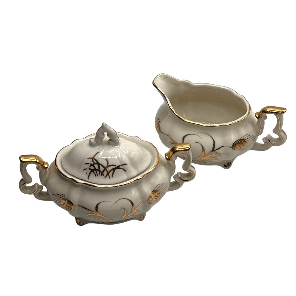Antique Lefton China Hand Painted Cream & Sugar Set With Gold Trim